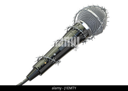 La liberté d'expression et de la presse interdiction concept. Microphone avec fil de fer barbelé, 3D Rendering Banque D'Images