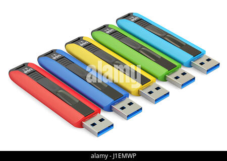 Ensemble de lecteurs flash USB de couleur 3.1, rendu 3D isolé sur fond blanc Banque D'Images