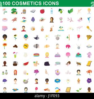 100 icons set cosmétique, cartoon style Illustration de Vecteur