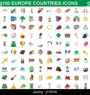 100 pays europe icons set, cartoon style Illustration de Vecteur