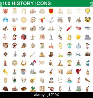 L'histoire 100 icons set, cartoon style Illustration de Vecteur