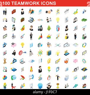 100 d'équipe icons set, style 3D isométrique Illustration de Vecteur