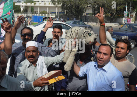 Partisans pakistanais célèbrent la Cour suprême dans l'enquête, à Lahore le 20 avril 2017. Les partisans de distribuer des bonbons parmi les partisans après verdict de la Cour suprême sur le Panama papier fuites. Dans un verdict split 3-2 la Cour suprême du Pakistan a ordonné une enquête plus approfondie sur les études de cas de Panama contre le Premier Ministre Nawaz Sharif. La cour a ordonné la mise en place d'une équipe commune d'enquête, y compris l'Inter-Services Intelligence (ISI) et le renseignement militaire (MI) qui doit soumettre son rapport dans les 60 jours. (Photo par : Rana Sajid Hussain/Pacific Press) Banque D'Images