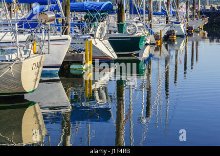 Voilier coques sont reflétées dans l'eau d'un yacht club marina sur un matin d'été ensoleillé. Banque D'Images