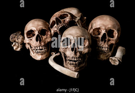 La vie encore et les os du crâne humain, concept et l'horreur des génocides obscurité Banque D'Images