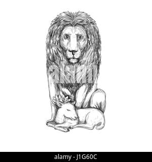 Illustration d'un style de tatouage Lion veillant sur un agneau couchage vue de l'avant ensemble isolées sur fond blanc. Banque D'Images