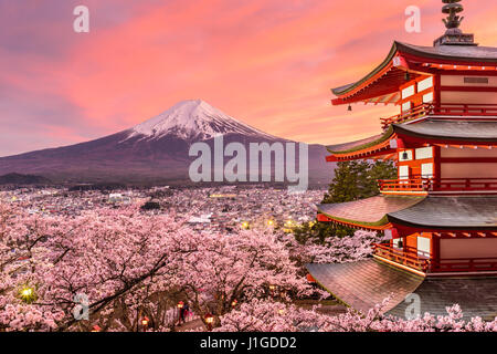 Fujiyoshida, Japon à Chureito Pagoda et Mt. Fuji au printemps avec les cerisiers en fleurs. Banque D'Images