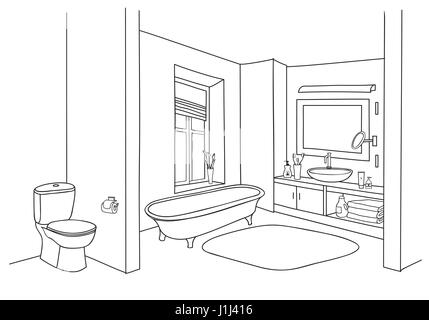 Croquis de l'intérieur salle de bains. vue de la chambre avec un mobilier dessiné doodle Illustration de Vecteur