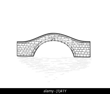 Petit pont de pierre isolés. gravure illustration rétro art ligne doodle. Illustration de Vecteur