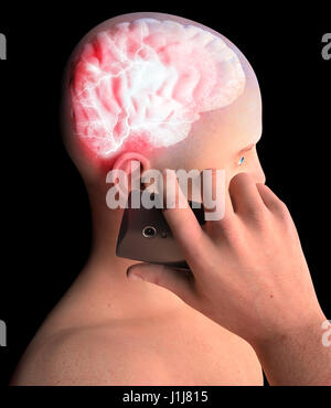 Cerveau, Man with Cell Phone, Problèmes du cerveau, cause de tumeur, les maladies dégénératives, la maladie de Parkinson, visage de profil. Le rendu 3D Banque D'Images