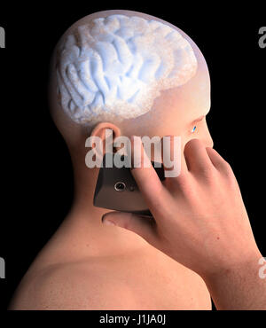 Cerveau, Man with Cell Phone, Problèmes du cerveau, cause de tumeur, les maladies dégénératives, la maladie de Parkinson, visage de profil. Le rendu 3D Banque D'Images