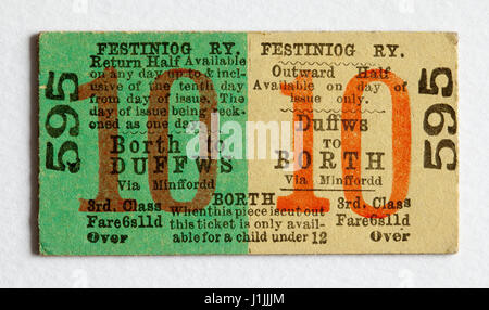 Vintage 1960 Welsh Festiniog Railway Train ticket Borth Retour Duffws Banque D'Images