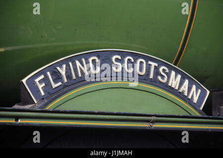 Vue rapprochée de la PLAQUE CONSTRUCTEUR DES FLYING SCOTSMAN PATRIMOINE PROTÉGÉ locomotive à vapeur Banque D'Images