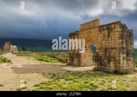 Fouilles de la ville romaine dans l'archéologique de Volubilis, au Maroc. Banque D'Images