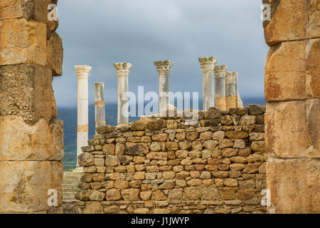 Fouilles de la ville romaine dans l'archéologique de Volubilis, au Maroc. Banque D'Images