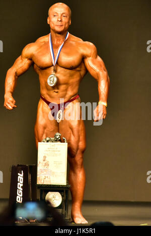 Concurrent au cours de la compétition de culturisme, catégorie jusqu'à 70 kg, à l'Arnold Classic l'Amérique du Sud, de l'événement tenu à la Transamerica Expo Center, zone sud de São Paulo (SP), le vendredi matin, l'Arnold Classic fait ses débuts à São Paulo, après quatre ans à Rio de Janeiro, avec des chiffres. (PHOTO : EDUARDO CARMIM/BRÉSIL PHOTO PRESSE) Banque D'Images