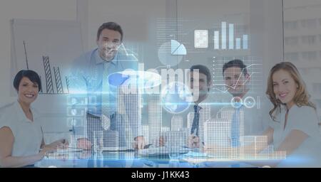 Composite numérique du numérique dans l'image générée de différentes icônes contre les gens d'affaires dans la salle de conférence Banque D'Images