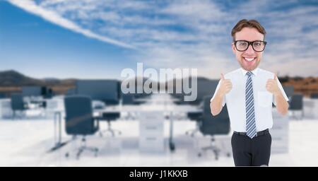 Digital composite de Nerd businessman showing Thumbs up Banque D'Images