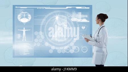 Digital composite of side view of female doctor looking at futuristic screen Banque D'Images