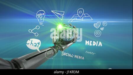 Composite numérique numérique de l'image composite de robot-holding globe par le texte et les icônes Banque D'Images