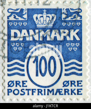 GOMEL, BÉLARUS, le 21 avril 2017. Stamp imprimé au Danemark montre image du timbre-poste, vers 2000. Banque D'Images