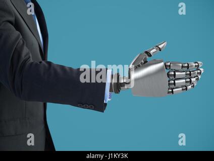 Digital composite de robot Android businessman hand for handshake ouvert avec fond bleu Banque D'Images