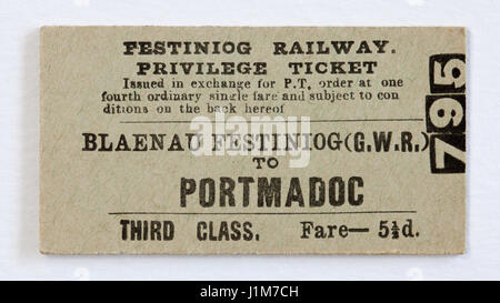 Old Vintage Fer Blaenau Festiniog Billet de train Portmadoc Banque D'Images