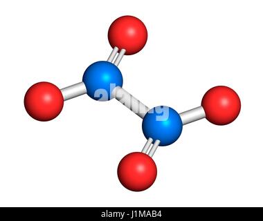 Le tétroxyde d'azote (tétroxyde de diazote, N2O4), molécule de propergol. Le rendu 3D. Les atomes sont représentés comme des sphères classiques avec codage couleur : bleu (azote), oxygène (rouge). Banque D'Images