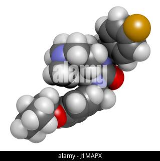 Pimavanserin molécule antipsychotique atypique. Le rendu 3D. Les atomes sont représentés comme des sphères classiques avec codage couleur : blanc (hydrogène), carbone (gris), l'azote (bleu), l'oxygène (rouge), le fluor (or). Banque D'Images