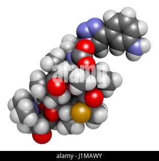 Antibiotique solithromycine molécule pharmaceutique. Le rendu 3D. Les atomes sont représentés comme des sphères classiques avec codage couleur : blanc (hydrogène), carbone (gris), l'azote (bleu), l'oxygène (rouge), le fluor (or). Banque D'Images