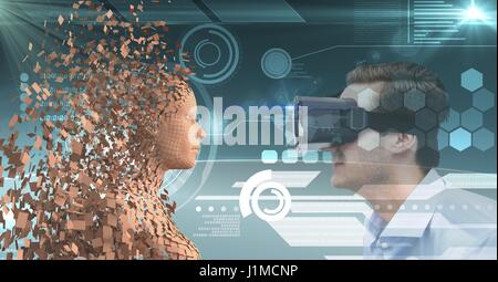 Digital composite of Businessman looking at 3d human par lunettes VR