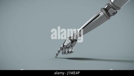 Digital composite de robot Android main pointant sur fond gris Banque D'Images