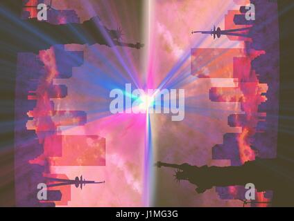 Digital composite de la ville à l'envers. NY avec des poussées. Pink Banque D'Images