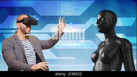 Digital composite de l'homme heureux à la 3d à la figure féminine à travers des lunettes VR
