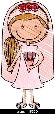 Dessin au crayon de couleur de la caricature femme en robe de mariage avec queue de hairstyle Illustration de Vecteur