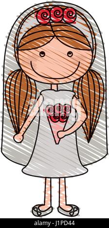 Dessin au crayon de couleur de la caricature femme en robe de mariage avec des nattes hairstyle Illustration de Vecteur