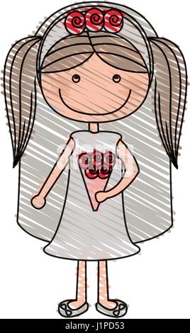 Dessin au crayon de couleur de la caricature femme en robe de mariage de brun clair pigtails hairstyle Illustration de Vecteur