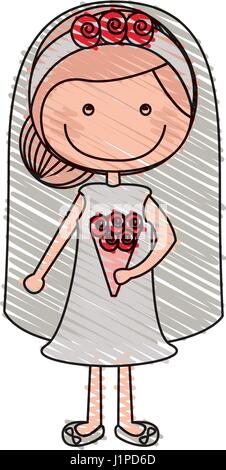 Dessin au crayon de couleur de la caricature femme en robe de mariage avec recueillies hairstyle Illustration de Vecteur