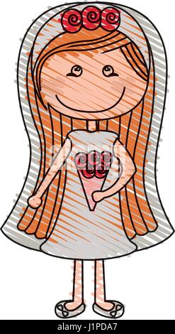 Dessin au crayon de couleur de la caricature femme en robe de mariage avec coiffure orange Illustration de Vecteur