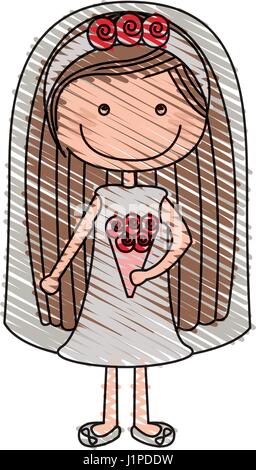Dessin au crayon de couleur de la caricature femme en robe de mariage avec les cheveux longs Illustration de Vecteur