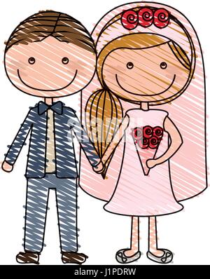 Dessin au crayon de couleur de la caricature formelle avec le marié costume et mariée avec le côté hairstyle Illustration de Vecteur