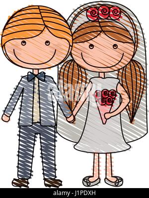 Dessin au crayon de couleur de la caricature formelle avec le marié costume et mariée avec des nattes hairstyle Illustration de Vecteur