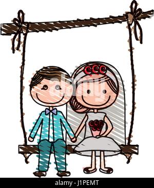 Dessin au crayon de couleur caricature de l'homme et de la femme mariés s'asseoir dans une succursale de la pendaison swing Illustration de Vecteur