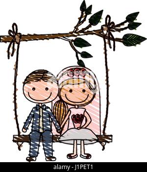 Dessin au crayon de couleur de la caricature formelle avec Guy costume et femme avec side hairstyle siéger dans une succursale de la pendaison swing Illustration de Vecteur
