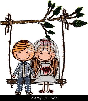 Dessin au crayon de couleur de la caricature formelle et guy avec Costume femme avec des nattes hairstyle siéger dans une succursale de la pendaison swing Illustration de Vecteur