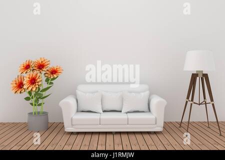 Décoration fleur dahlia avec canapé et lampe en salle blanche dans l'intérieur de rendu 3D Banque D'Images