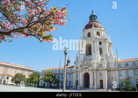 La belle scène de l'après-midi avec fleur de cerisier de l'Hôtel de Ville de Pasadena, Los Angeles, Californie Banque D'Images