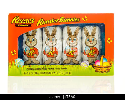 Winneconne, WI - 16 Avril 2017 : une boîte de Reese's bunnies Reester sur un fond isolé. Banque D'Images