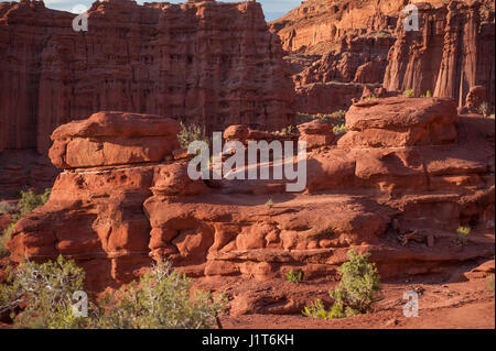 La roche rouge à Fisher Towers, près de Moab, Utah, est composée de plusieurs formations (c.-à-d., les couches) et chacun s'érode dans sa manière unique. Banque D'Images