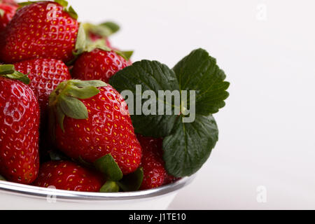 Rip frais fraises dans un bol sur la table en bois blanc Banque D'Images